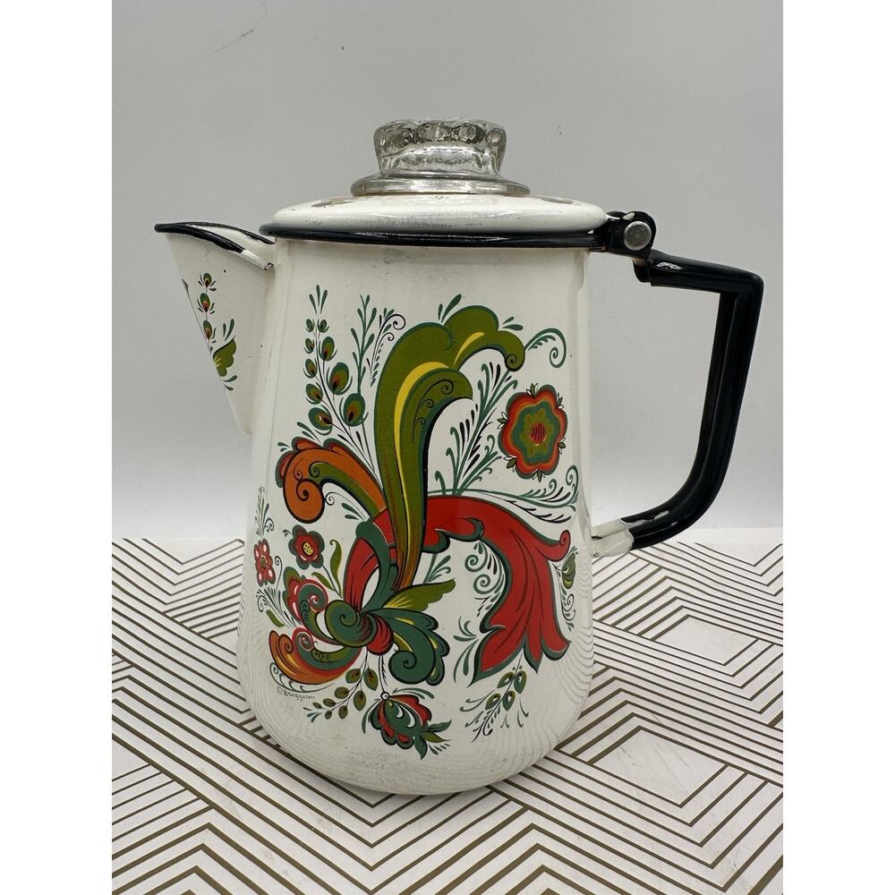 Vintage Large Berggren Swedish Folk Art Enamelware Coffee Pot Percolator Flowers